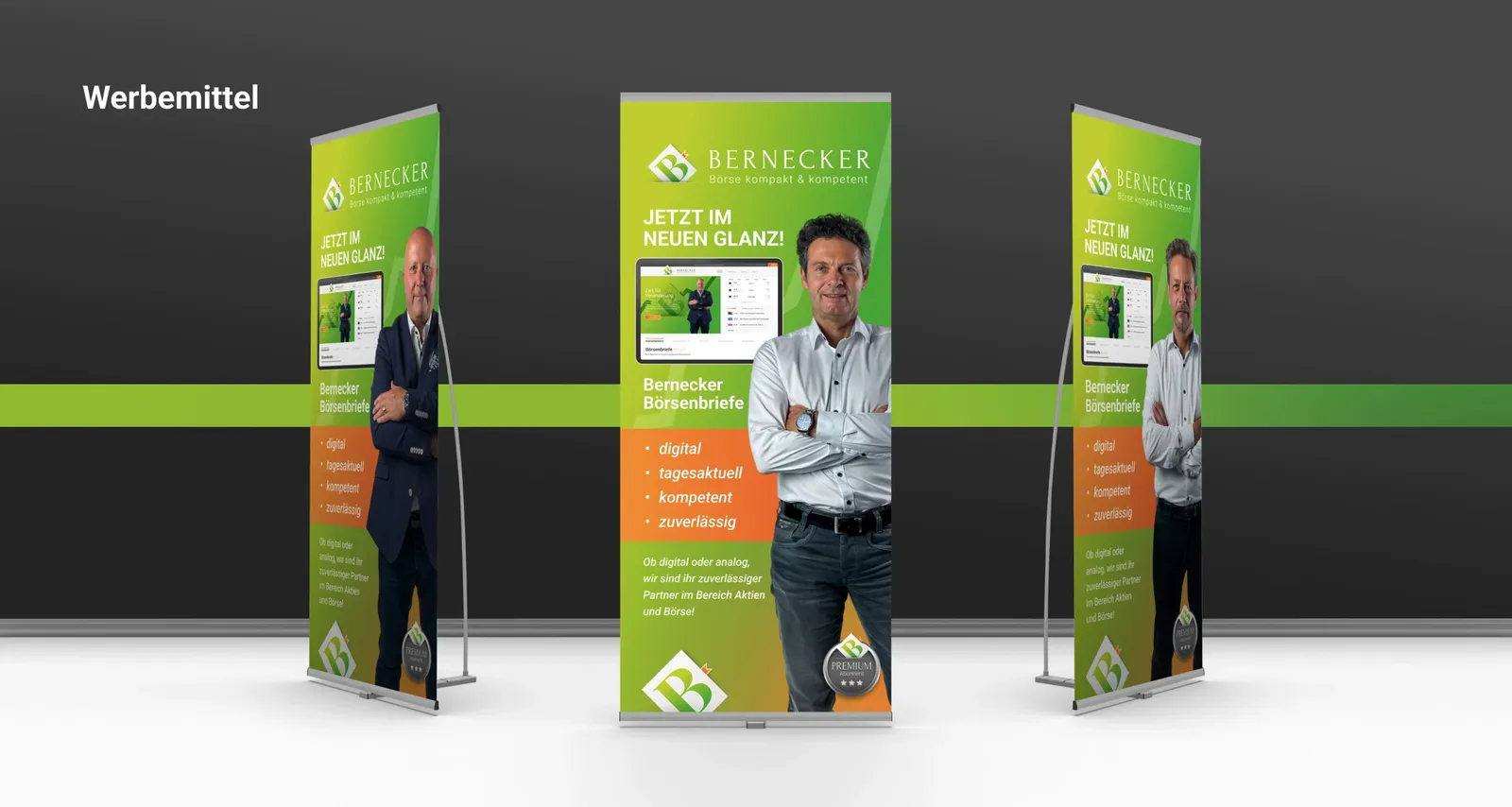 Three roll-up displays with editors and the claim “Now with a new shine”