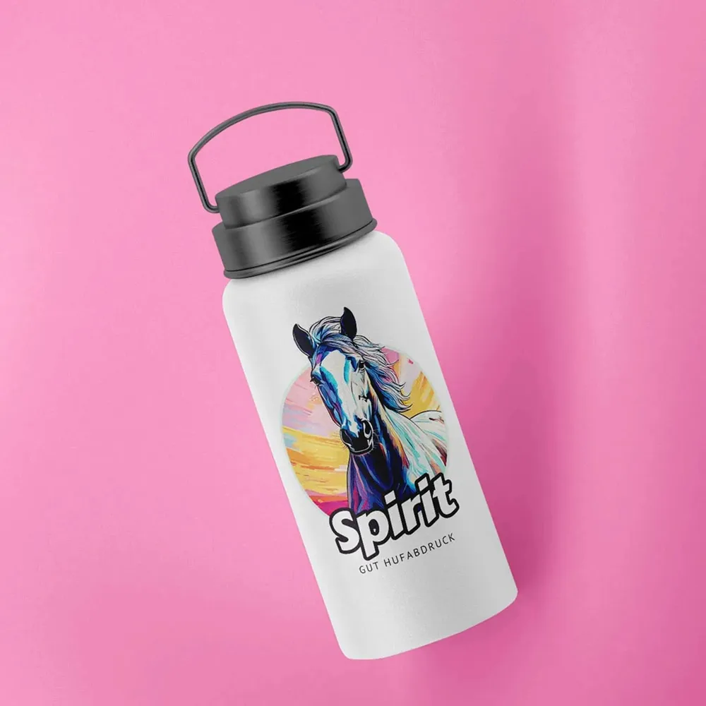 White water bottle with the “Spirit” design on a pink background